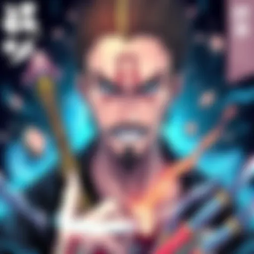 A dynamic illustration of Kanki, showcasing his striking features and intense expression, surrounded by elements representing his role in the manga's plot.