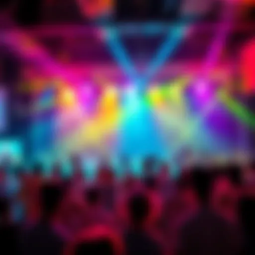 A lively crowd enjoying karaoke with people singing on stage, colorful lights illuminating the scene