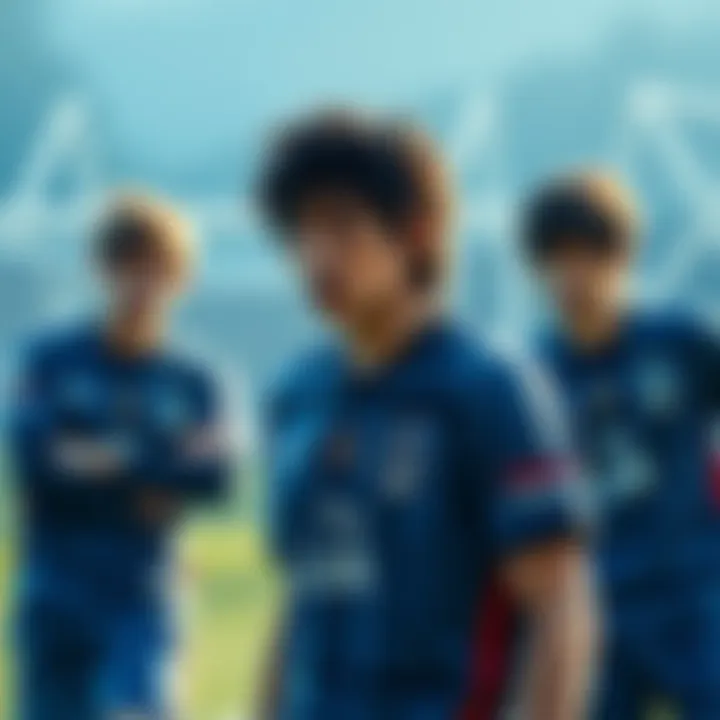 Karasu on the Field Karasu in a Blue Lock jersey, looking concerned while teammates discuss his potential substitution