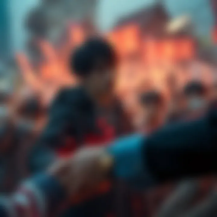 Kashimo is seen amidst a chaotic event, surrounded by distressed civilians and a tense atmosphere, reflecting the aftermath of a violent encounter.