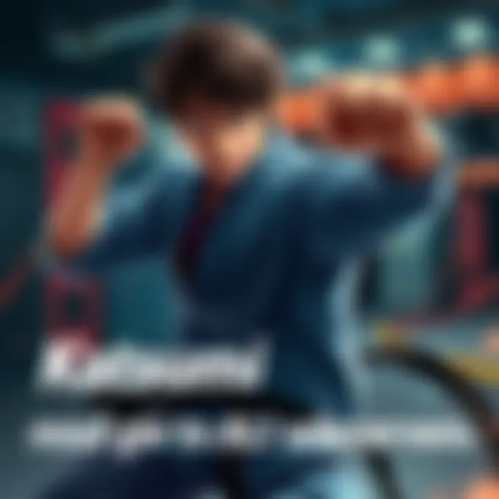 Katsumi showcasing his fighting skills in a dynamic pose, capturing his relatable traits and confident demeanor