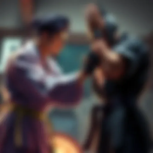 Katsumi confidently confronting Dorian in a dojo, showcasing determination and rivalry.
