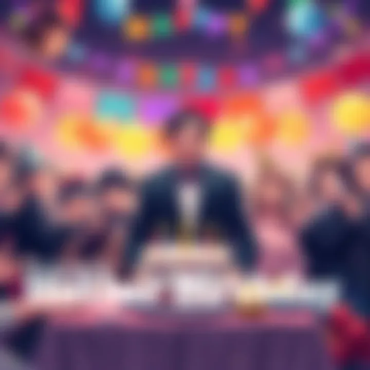 A festive scene with decorations, a cake, and party hats to celebrate Katsuyuki Konishi's birthday, surrounded by fans and voice acting tributes.