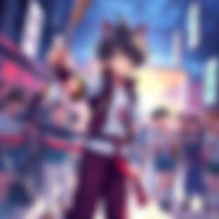 An illustration of the main character from Kawoshin in a dynamic pose, surrounded by fans at an event, showcasing the series' popularity and influence.