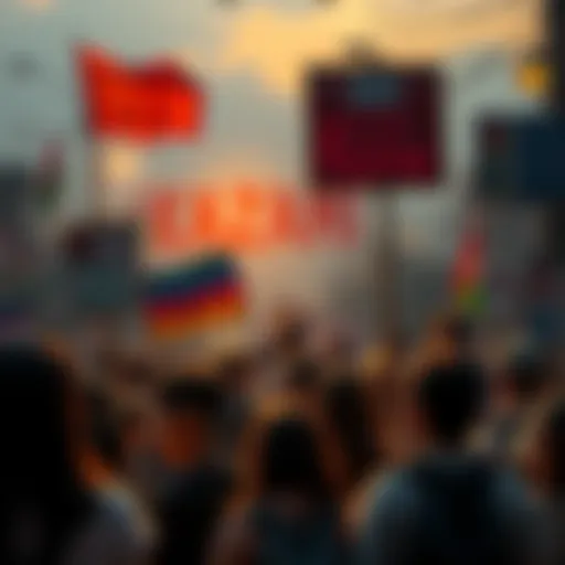 A community gathering showing support for Kazami, with people holding signs and banners advocating for safety and urgent assistance.