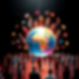 A creative representation of world domination concepts with a globe and diverse people collaborating around it.