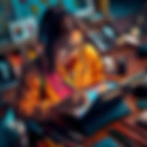 An artist named Kefla drawing on a tablet with Procreate, showcasing vibrant colors and digital tools, surrounded by art supplies