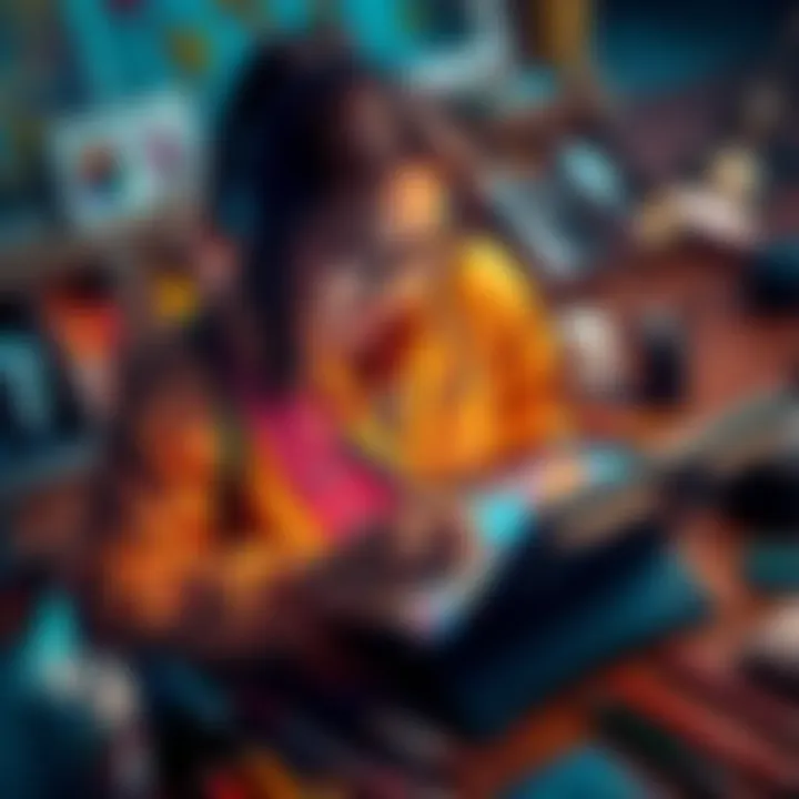 An artist named Kefla drawing on a tablet with Procreate, showcasing vibrant colors and digital tools, surrounded by art supplies