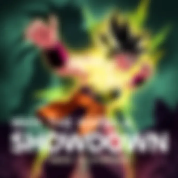 Kefla charging up her energy in a dramatic battle pose, showcasing her strength and determination alongside a shadowy figure of Broly in the background, emphasizing their rivalry