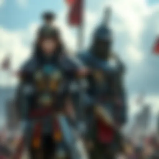 Keisha in armor, positioned alongside Riboku, both strategizing in a battlefield setting