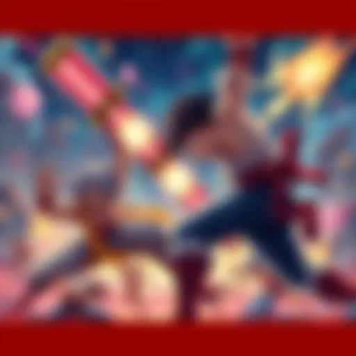 A dynamic scene of animated fighters in a Kengan-style battle, showcasing intricate choreography and vibrant colors.