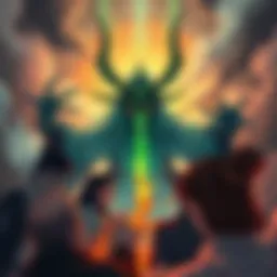An illustration of Kenjaku depicted as an otherworldly being, surrounded by sorcerers in conflict, showcasing a mix of emotions