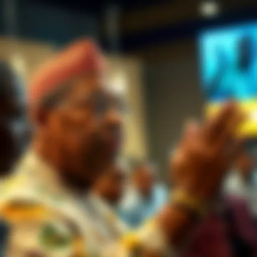 Kenjaku confidently addressing an audience while expressing his views, with people listening attentively.