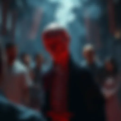 A depiction of Kenjaku after decapitation, with a dramatic background showcasing his headless body still communicating, surrounded by confused onlookers.