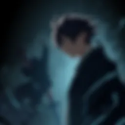 Kenjaku stands with a thoughtful expression, pondering over Higuruma's role in the culling games, surrounded by shadows symbolizing intrigue.