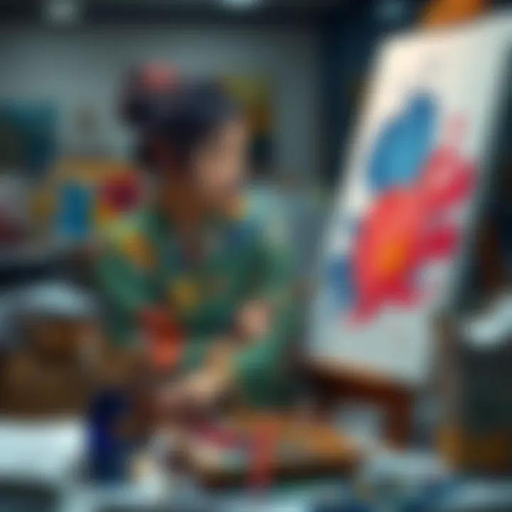Kenjaku Kaori painting on a canvas, surrounded by colorful art supplies and sketches, showcasing their creative process.