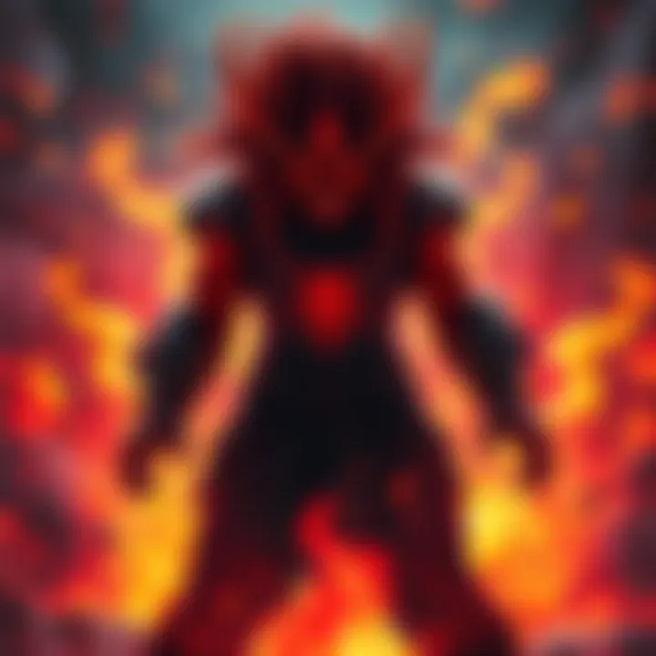 Kenjaku stands with a menacing glare, flames surrounding him as he shows his fury, ready to unleash chaos.