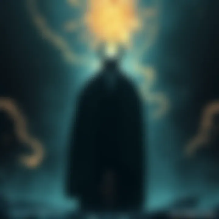 Kenjaku stands in a dark space, surrounded by mystical energy, preparing to create a vessel to counter Sukuna. Gojo and Yuji are shown in the background, symbolizing their importance in the battle ahe...