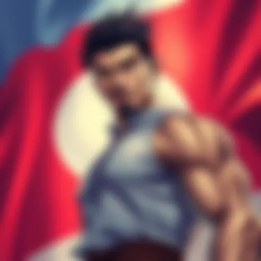 A playful illustration showing Kenshiro with a Laotian flag background, highlighting his Laotian identity in a fun way.