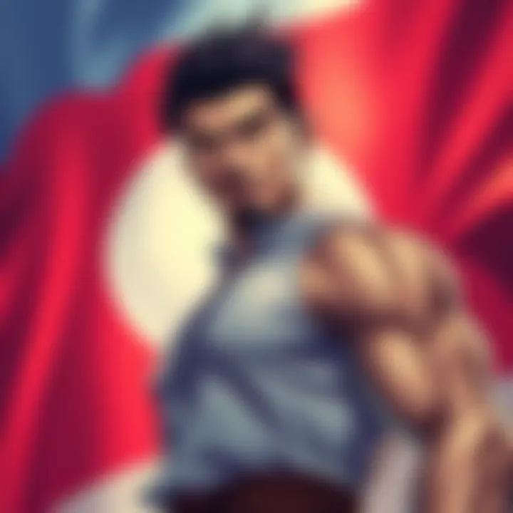 A playful illustration showing Kenshiro with a Laotian flag background, highlighting his Laotian identity in a fun way.