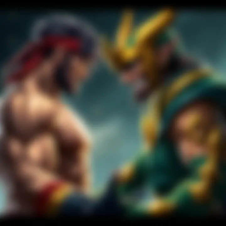 Kenshiro, a muscular warrior with a bandana, confronts Loki, a figure in green and gold with a mischievous grin and a horned helmet, in an intense showdown.