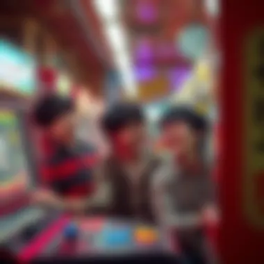 Kenshiro and his brothers enjoying a fun day at an arcade in 1970s Japan, playing video games and laughing together.