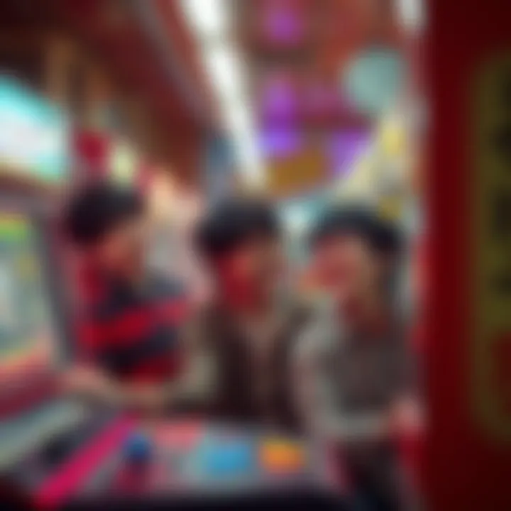 Kenshiro and his brothers enjoying a fun day at an arcade in 1970s Japan, playing video games and laughing together.