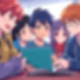 Several characters from Kesa mo Yuraretemasu engaged in a learning activity, showing expressions of focus and curiosity