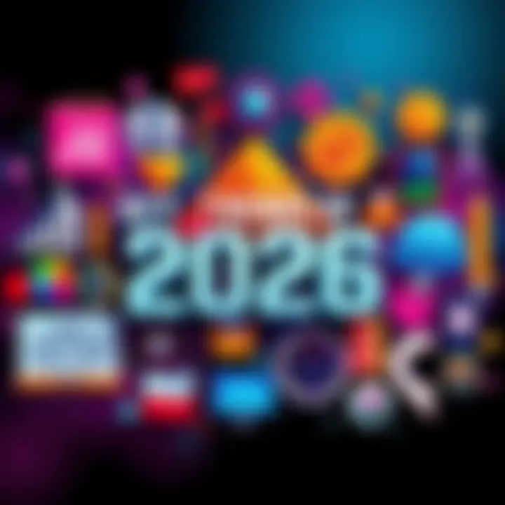A collage representing politics, technology, and culture trends in 2026 with vibrant colors and symbols for each sector.