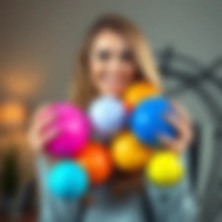 A woman named Kiara smiles while holding colorful high-tech feel balls, illustrating her humorous approach to managing chronic pain from fibromyalgia.