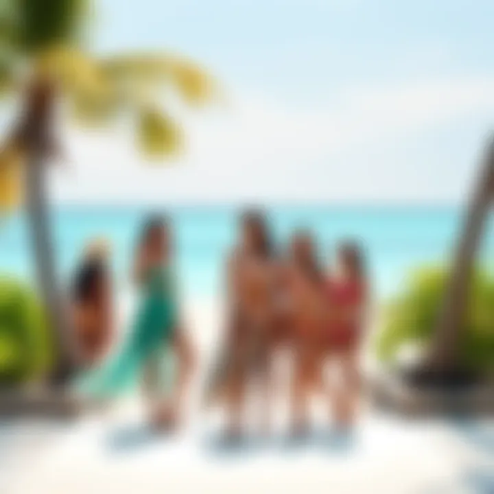 Kiara stands with her two new girls on a beach in the Maldives, showcasing a vibrant lifestyle amidst palm trees and ocean waves.