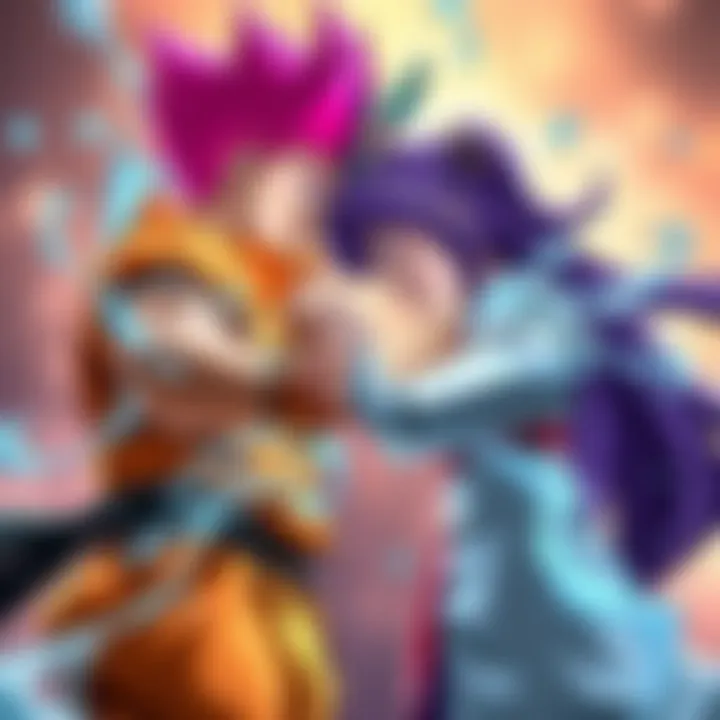 Kid Buu and Kaguya face each other in an intense battle pose, showcasing their powers and skills.