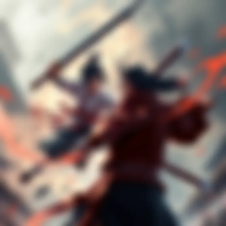 Kid Lu Bu wields a Halberd while facing off against Kid Zaraki Kenpachi in a fierce battle stance