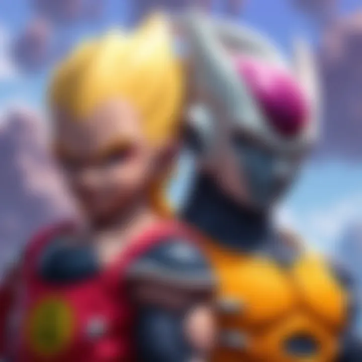 A digital artwork featuring Kid Buu and Turles side by side, showcasing their unique designs and colors, with a vibrant background hinting at the Ultra Plats event.
