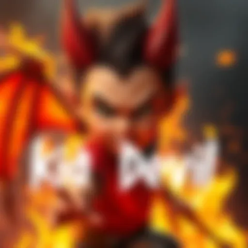 A young character with devilish features, showing a fierce expression and surrounded by flames, indicating a powerful presence.