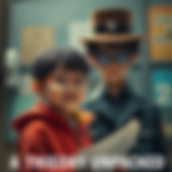 Kid with Detective Mouri A child with a bright smile stands beside Detective Mouri, looking curious and engaged, surrounded by clues.