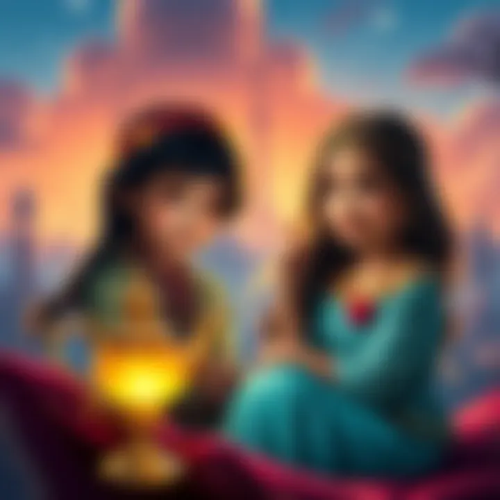 Kids imagining Aladdin and Jasmine Children playfully pretending to be Aladdin and Jasmine with magic carpet and lamp