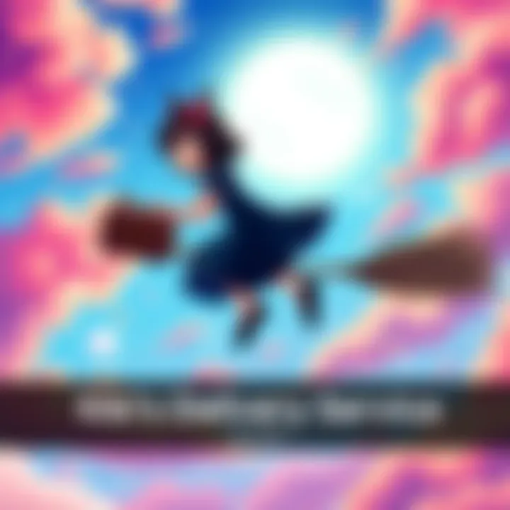 The official poster for Kiki's Delivery Service featuring Kiki on her broom in a colorful sky