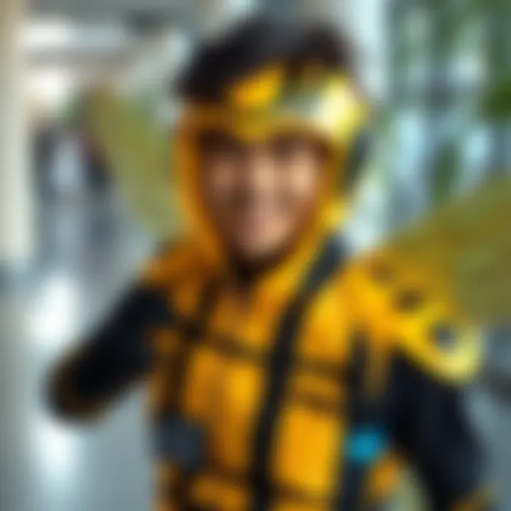 Killer Bee Cosplay Person wearing an impressive killer bee costume, showcasing yellow and black stripes with wings and antennas, smiling and posing for the camera.