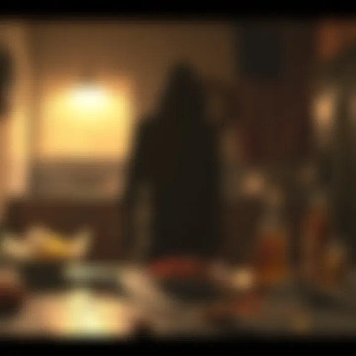 Killer with Unusual Eating Habits A shadowy figure stands in a dimly lit kitchen, surrounded by uneaten food, illustrating the killer's strange eating behavior.