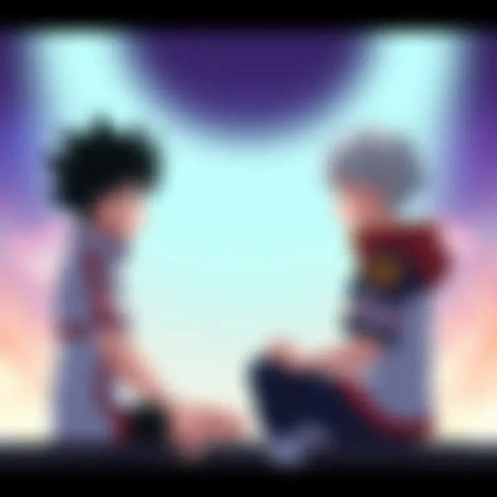 Killua and Gon sit together in a friendly conversation, showing their strong bond in the series, with a calm background