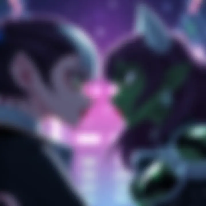 A dramatic scene showing Kimblee and Envy confronting each other, highlighting their contrasting expressions and styles, as fans debate their unlikely pairing.