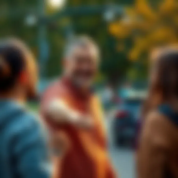A kind man smiling and assisting a group of people in a community park, showcasing his generosity and friendly nature.