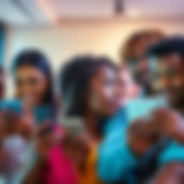 A group of diverse people looking at their phones, some smiling, some looking upset, reflecting the effects of online comments on emotions.