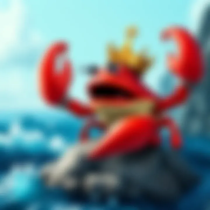 A cartoon crab named King Barnacle wearing a crown and sitting on a rock by the sea, with waves crashing around