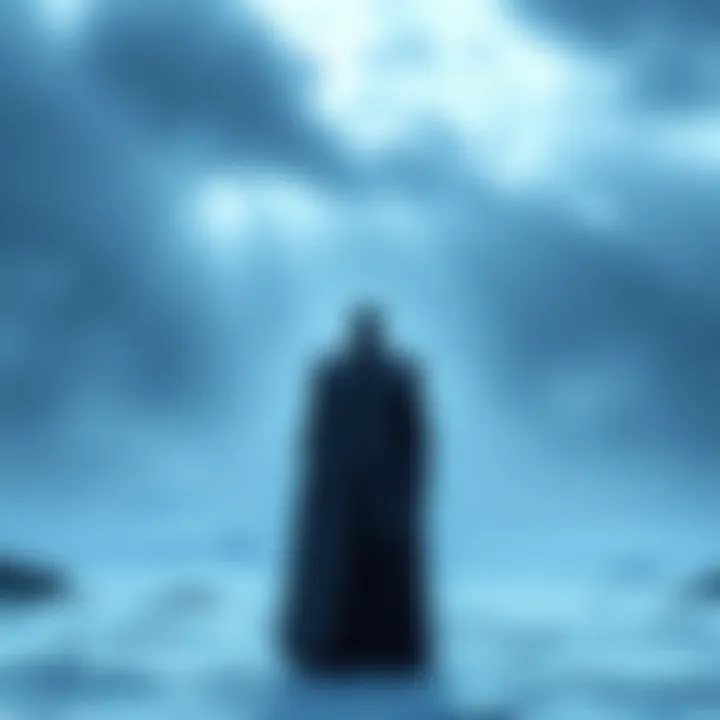 King Cold standing alone in a snowy landscape, grief visible on his face after the death of Queen Ice, with dark clouds above.