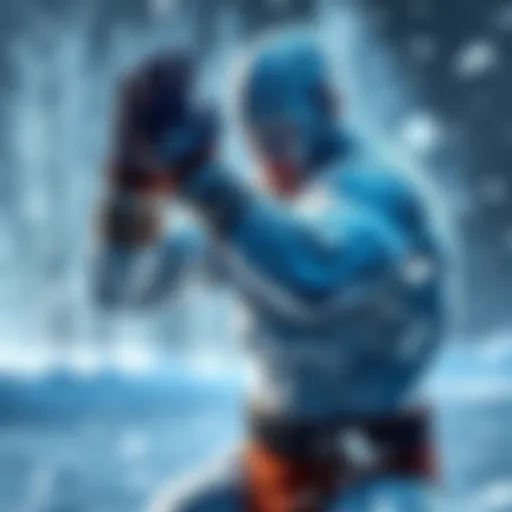 King Cold depicted in a training stance, showcasing his icy powers and muscular build, surrounded by a snowy backdrop.