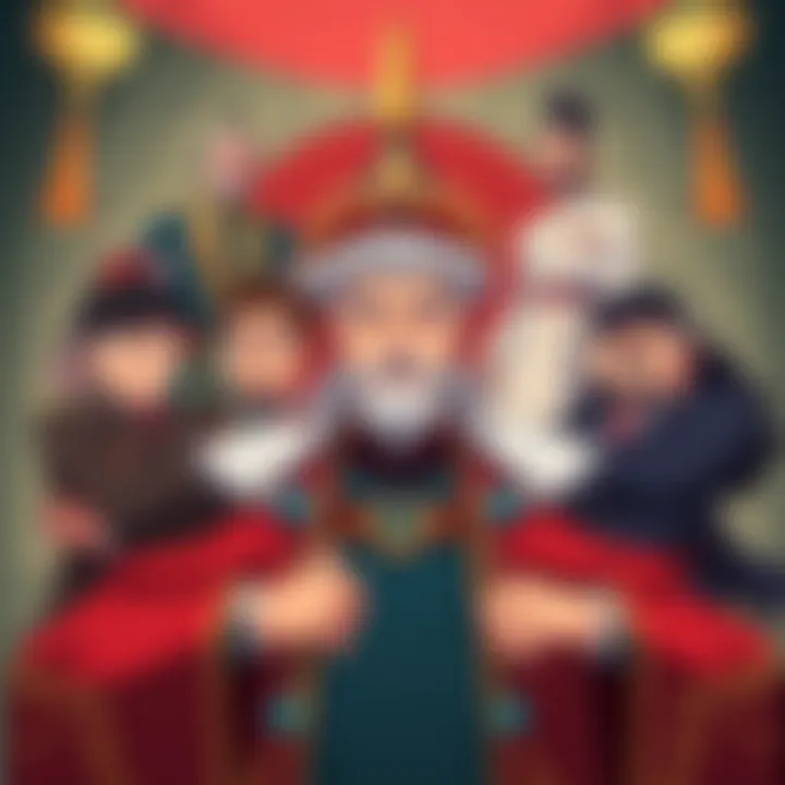A regal portrait of King Deku surrounded by his six husbands in a royal setting, showcasing their complex relationships.