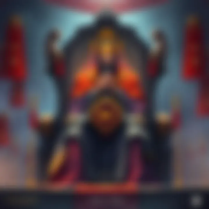 A depiction of King Enma seated on a throne, surrounded by traditional symbols of justice and authority, with a stern expression