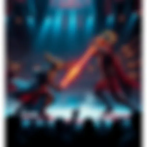 A dramatic scene of King Enma battling against Death in an intense arena, with fans cheering in the background.